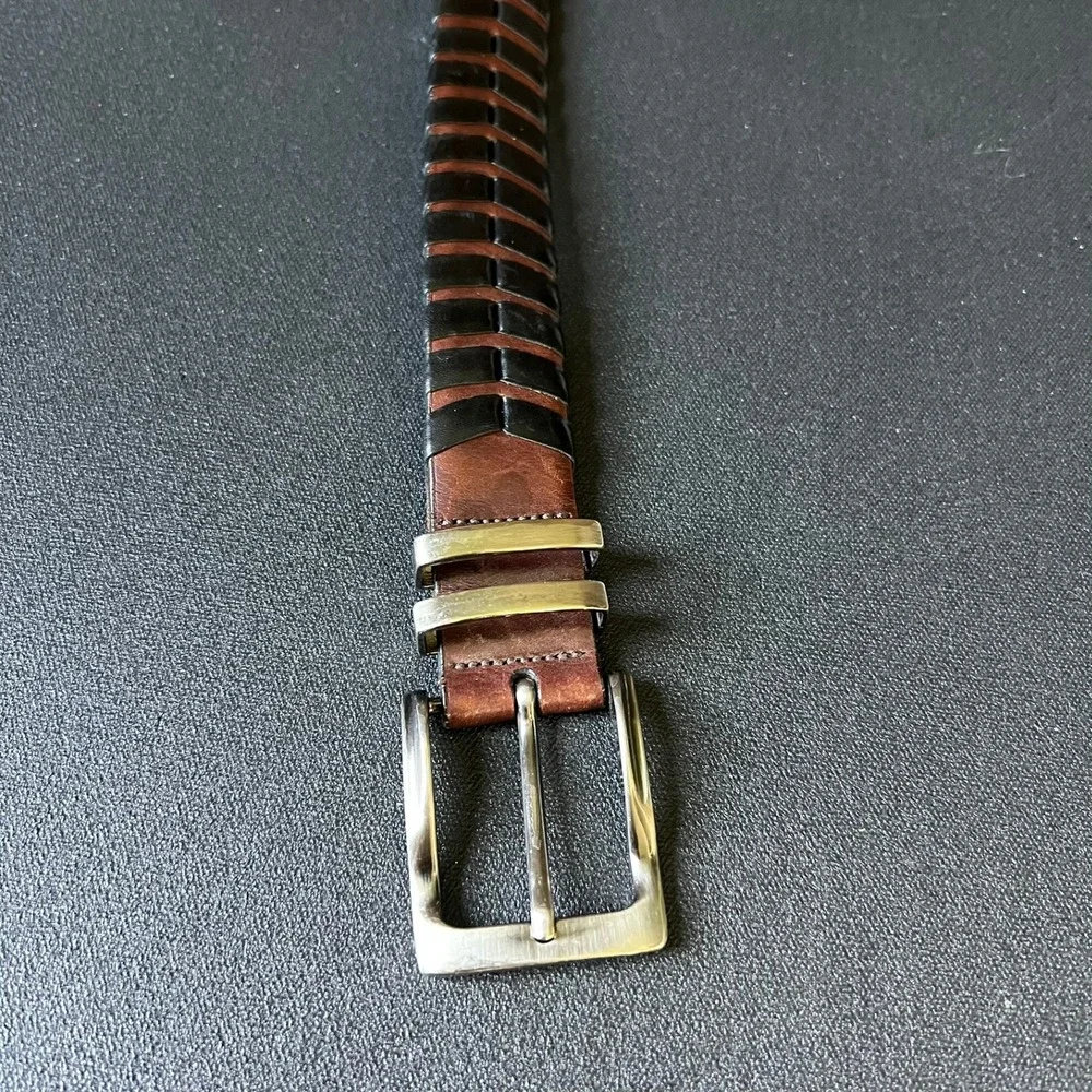 Tommy Bahama Brown Black Woven Leather Belt Chevron Braided Made in USA Size 42